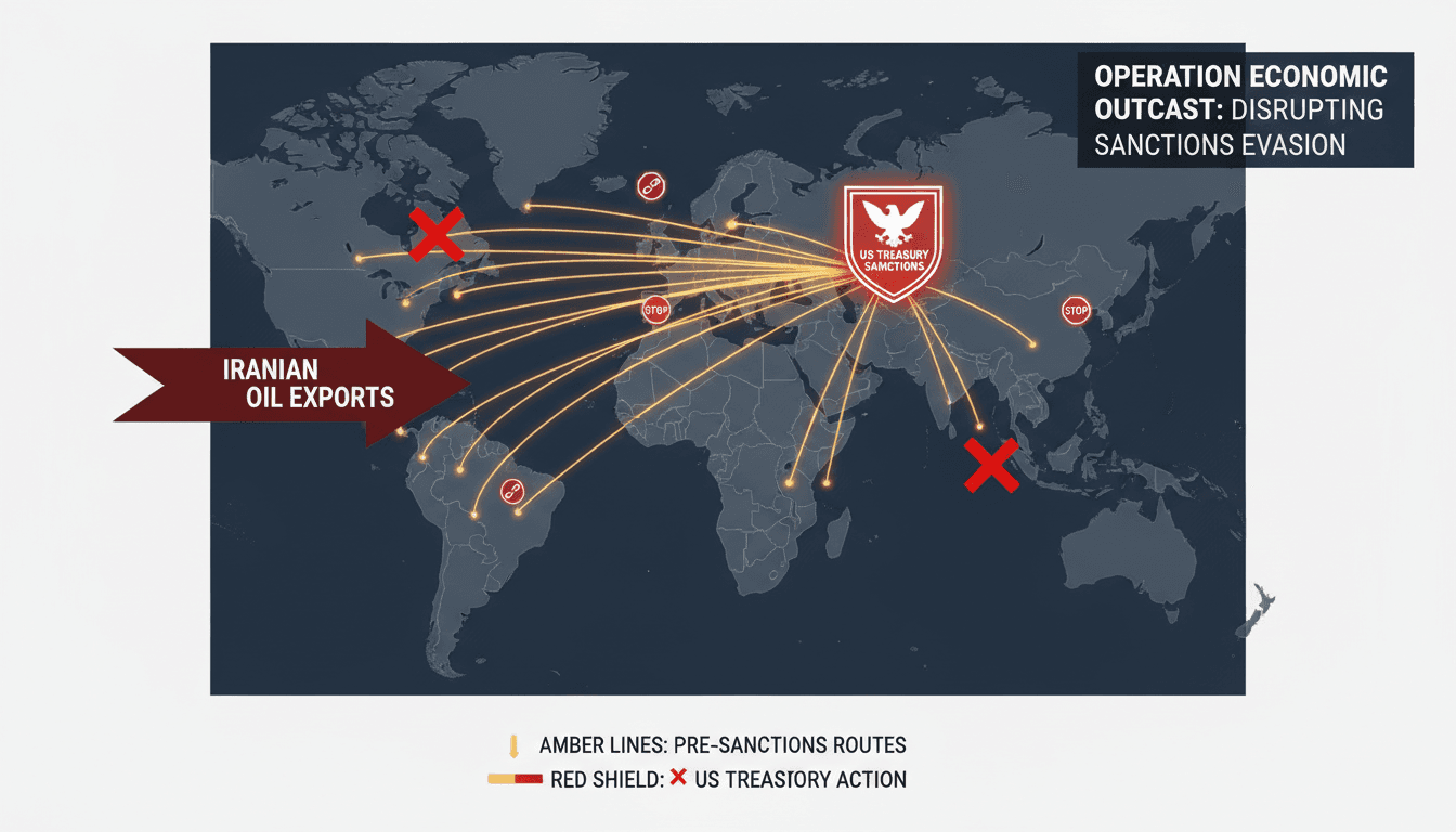 Infographic showing the impact of US sanctions on Iranian oil trade and global supply chains.