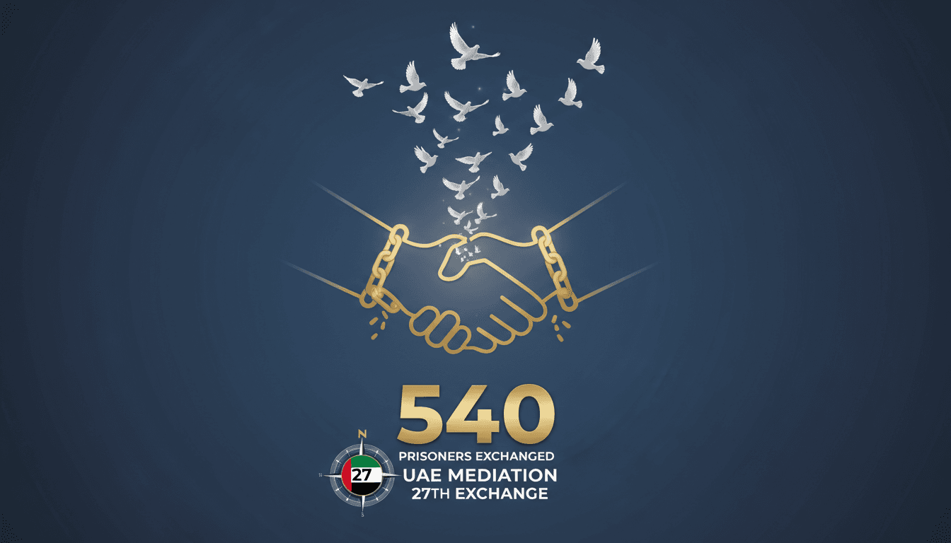 Infographic showing the UAE's role in mediating 540 prisoner exchanges in the Russia-Ukraine conflict.