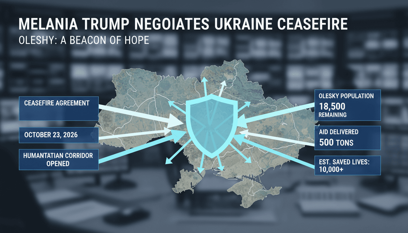 Map of Oleshky highlighting the ceasefire agreement and remaining civilian population statistics.