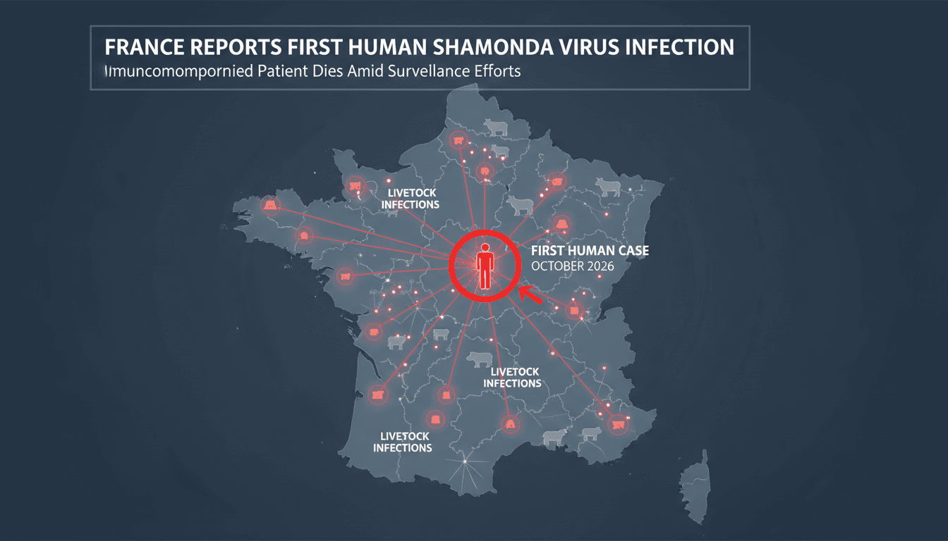 Infographic showing the spread of Shamonda virus in livestock and the isolated human case in France.