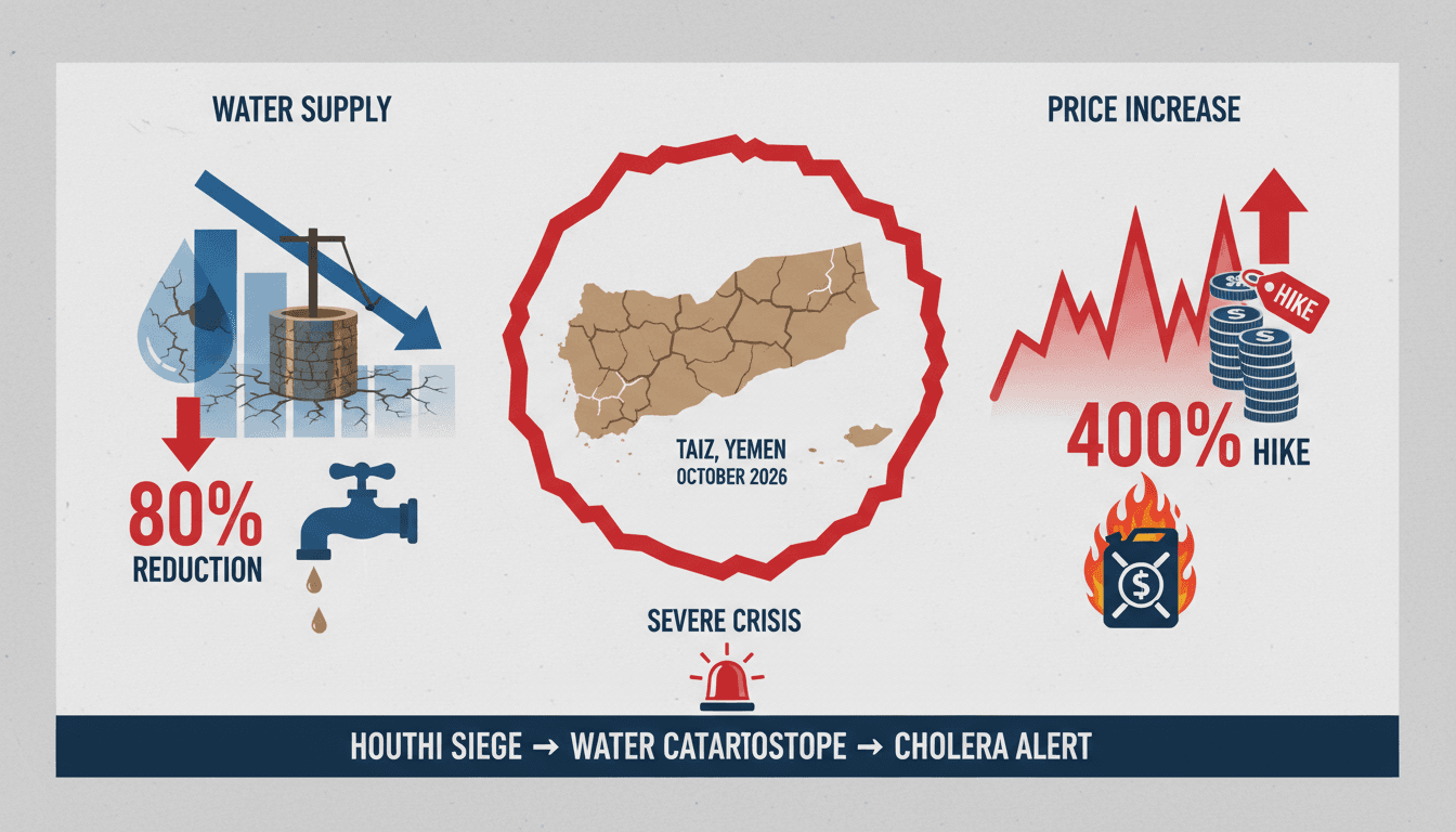 Infographic illustrating the water crisis in Taiz City, Yemen, highlighting the impact of the Houthi siege on residents.