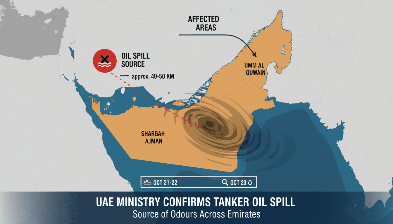 Map showing the affected beaches in Umm Al Quwain and surrounding areas due to the tanker oil spill.