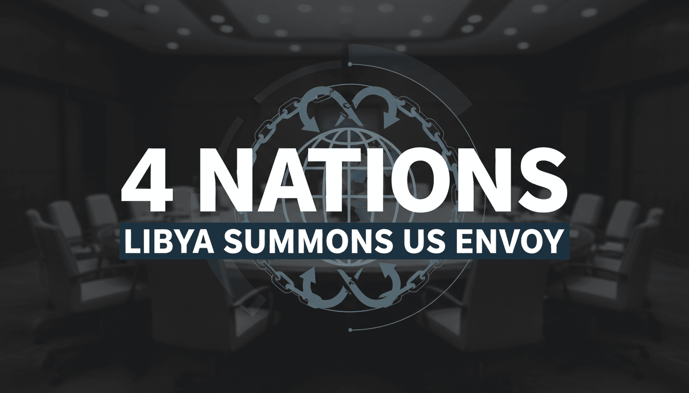 Minimalist dark editorial card showing bold white typography reading 4 NATIONS concerning Libya US diplomatic summons