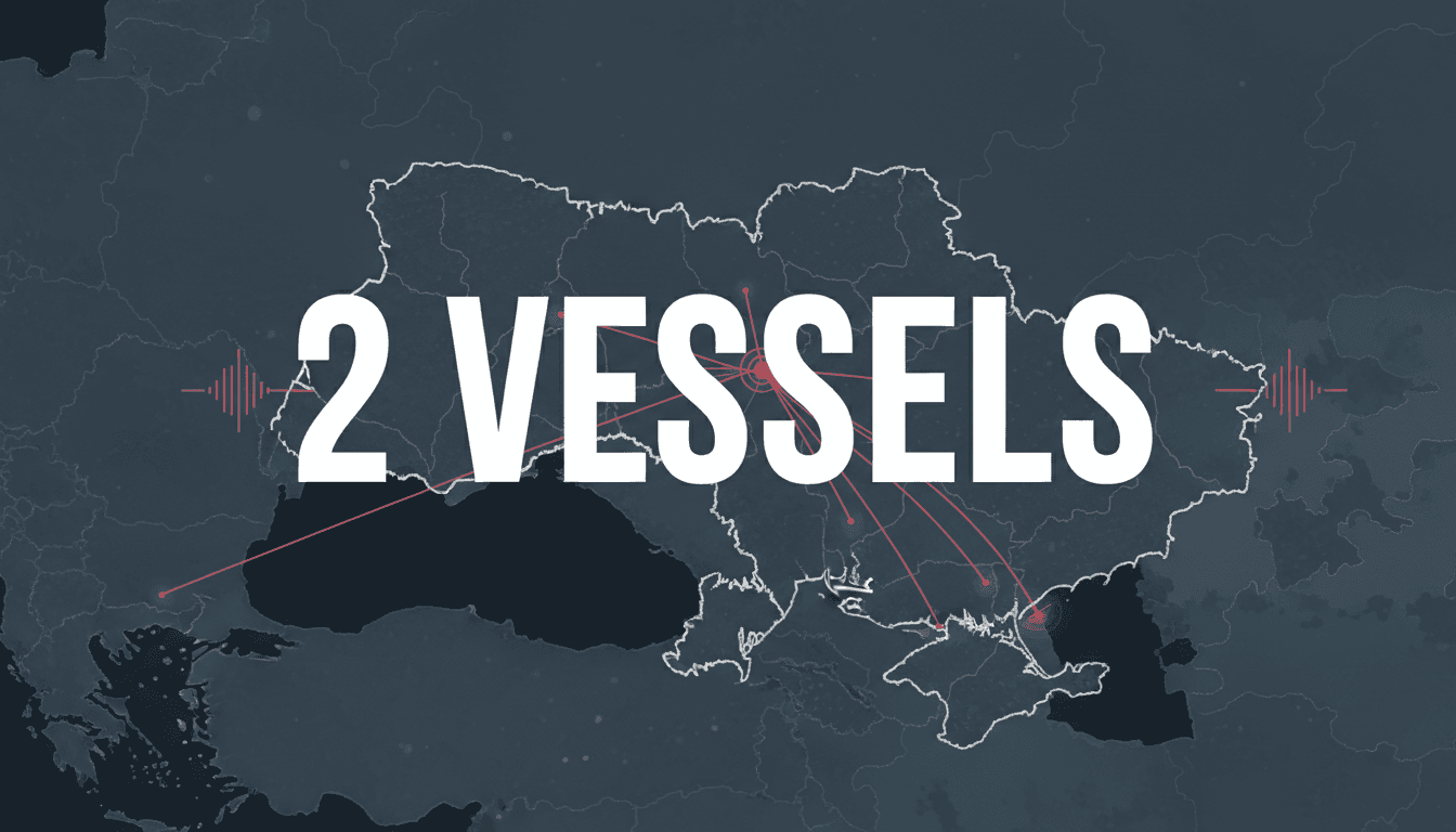 Minimalist graphic highlighting Black Sea shipping lanes and reported cargo vessel strike locations near Chornomorsk.