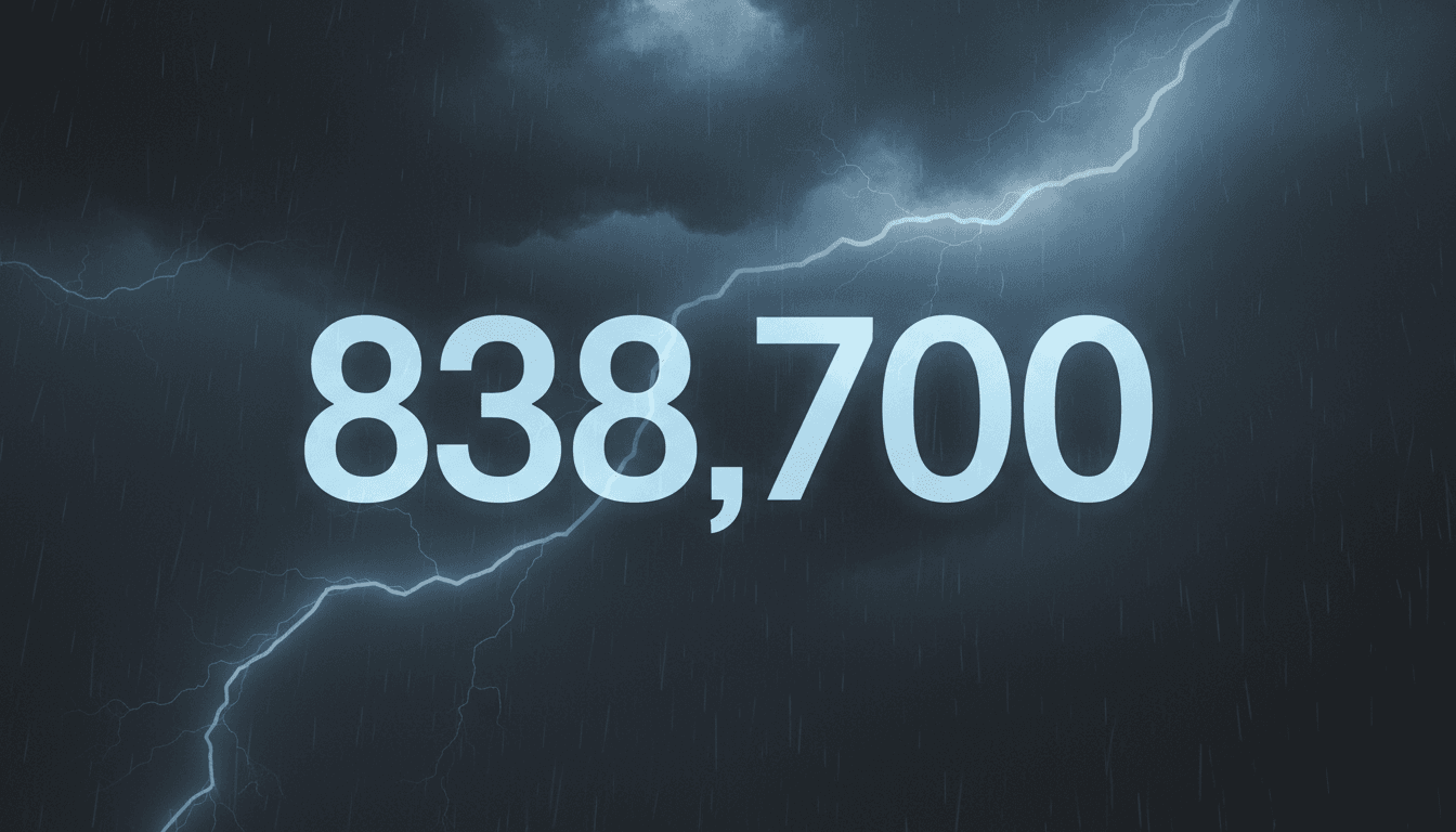Minimalist dark grey data card displaying the number 838,700 highlighting UK storm power cuts