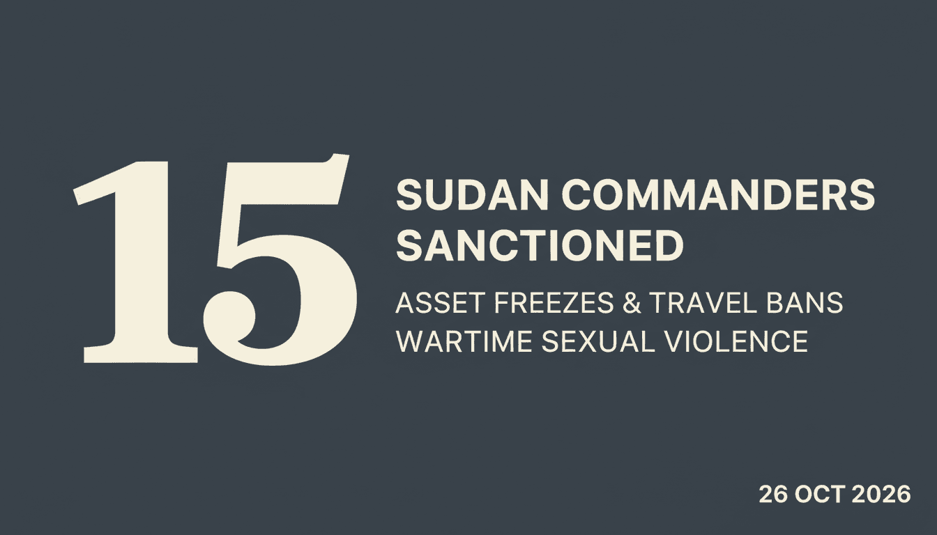 Bold graphic displaying the number 15 representing UK sanctions on Sudanese commanders amidst conflict compliance updates