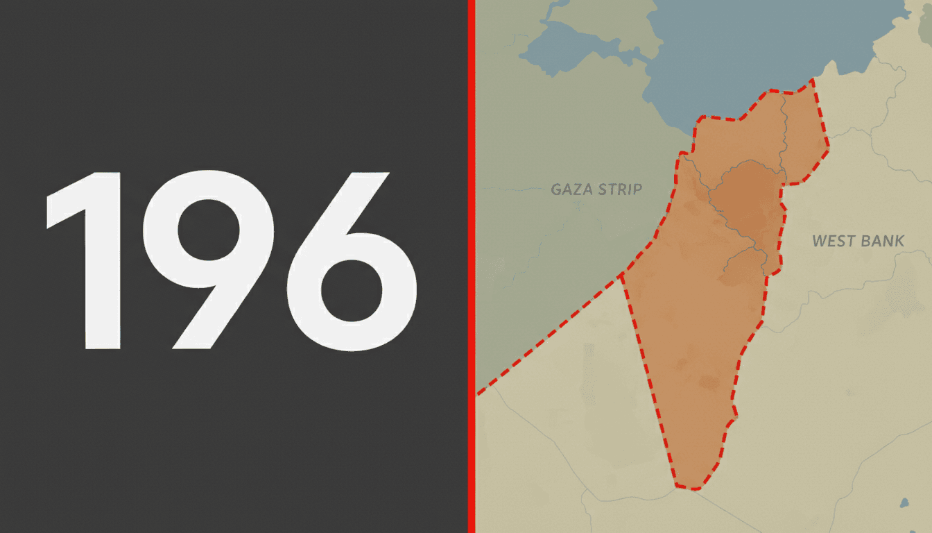 Minimalist infographic displaying the statistic 196 next to a map illustrating the UN Gaza ceasefire report findings
