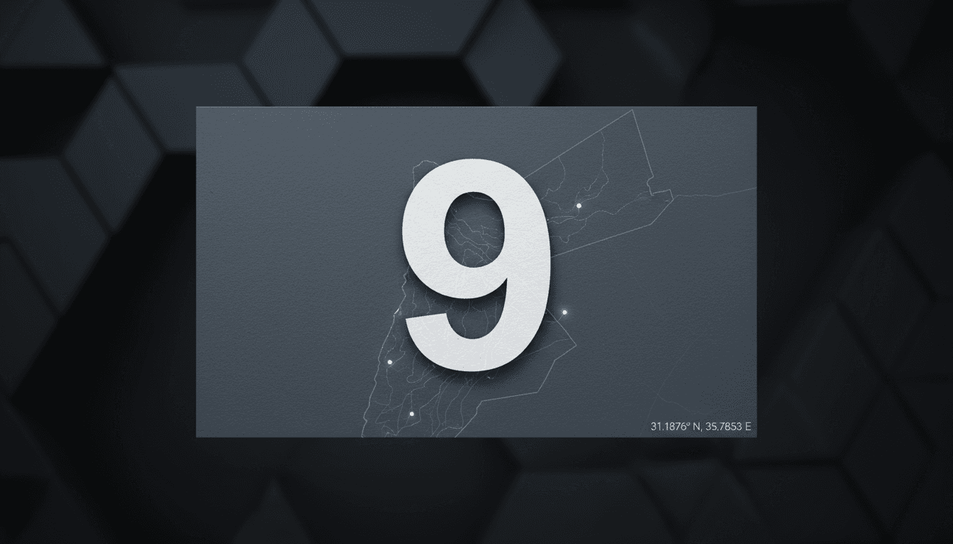 Minimalist slate-gray card highlighting the number nine with geographical map coordinates of southern Jordan.