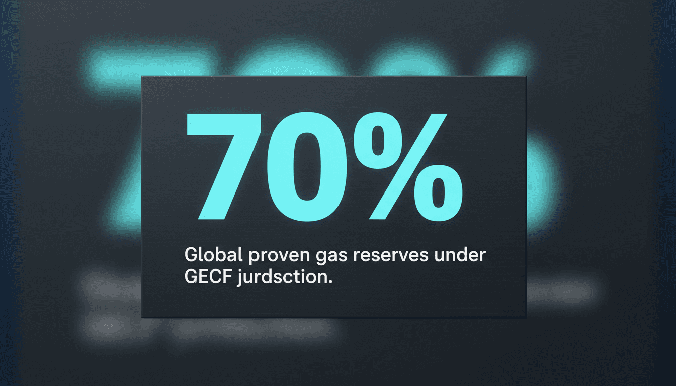 Minimalist dark digital card featuring a large cyan 70 percent metric representing global natural gas reserves controlled by GECF members