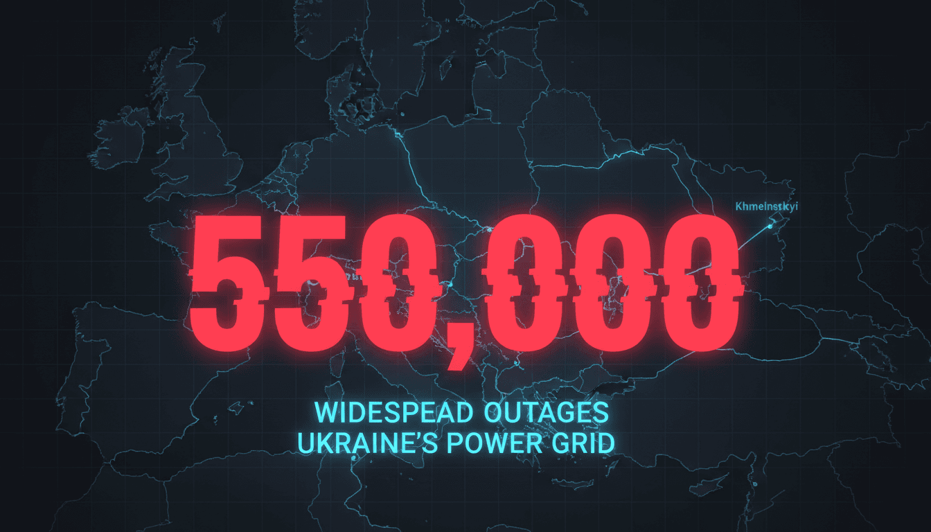 Minimalist dark gray graphic showing the number 550,000 over a map marking Ukrainian energy infrastructure nodes
