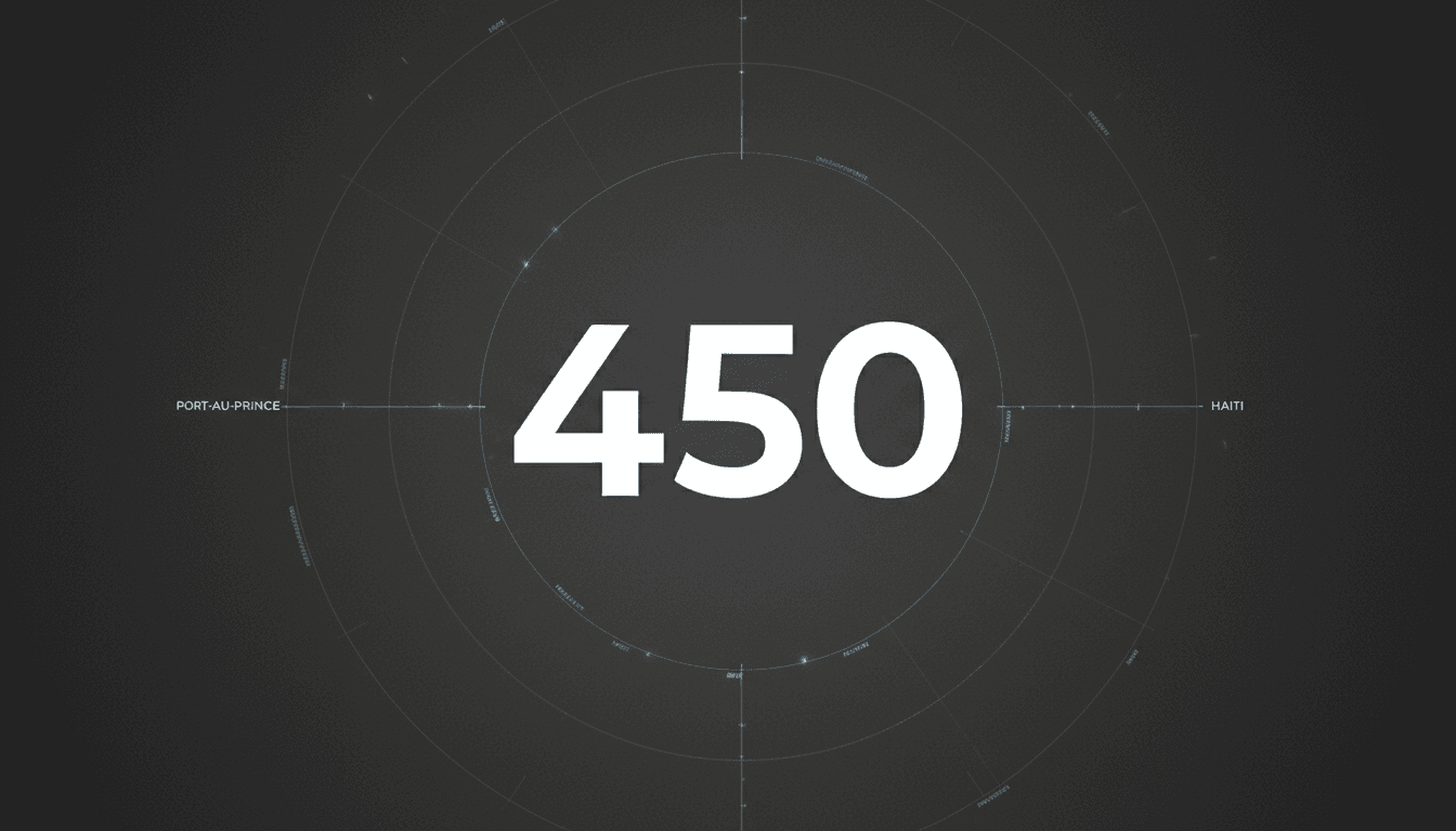 Bold minimalist card displaying the number 450 detailing Salvadoran troop deployments in Haiti.
