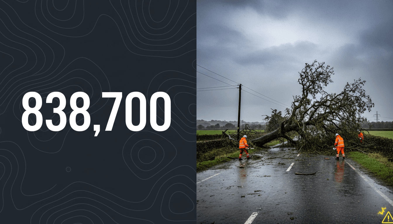 Bold typographic graphic highlighting 838700 UK properties hit by power cuts during storms Austen and Boelo
