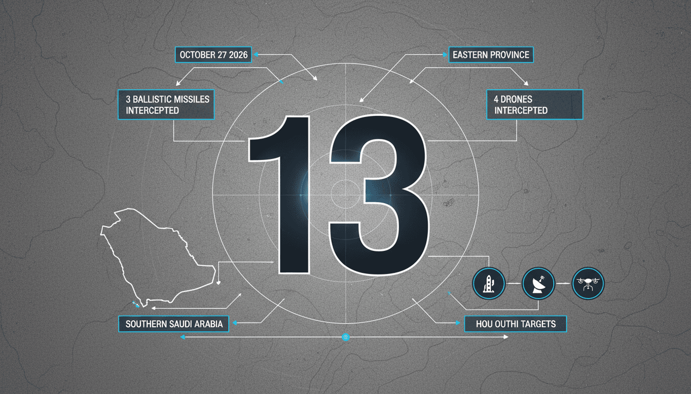 Clean data visual displaying the number 13 focused on Saudi air defence logistics and security impact