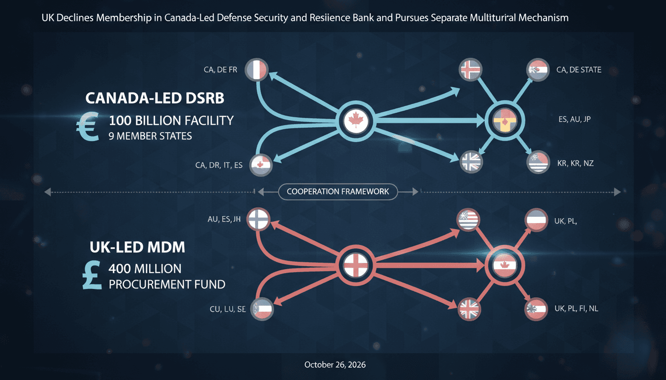 Institutional comparison diagram of Canada's DSRB defence bank and the UK's Multilateral Defence Mechanism capital structures.