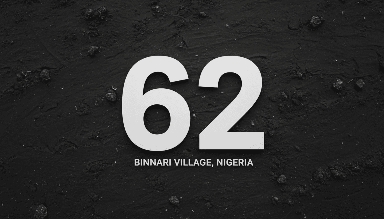 Minimalist dark graphic displaying the number 62 representing fatalities in the Taraba state attack.