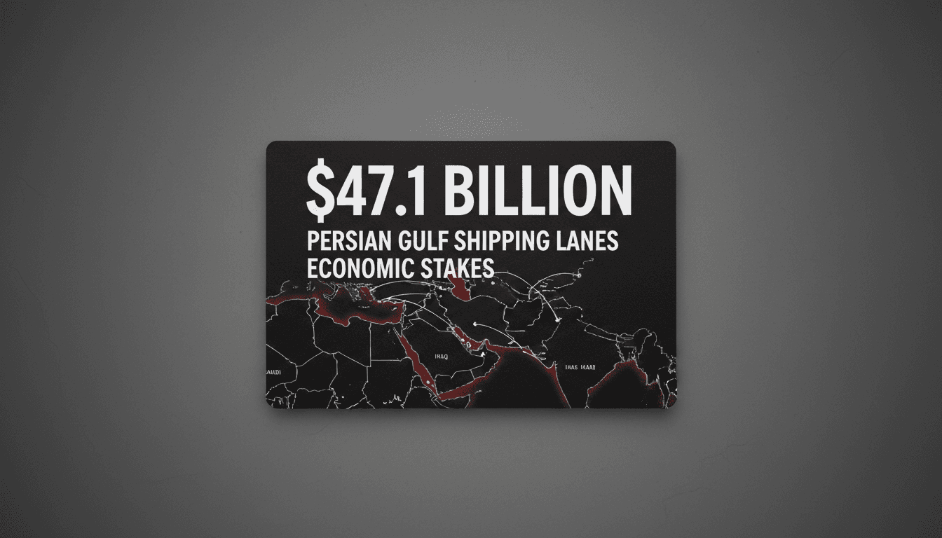 Bold typography highlighting conflict costs overlaid on a clean minimalist map of Persian Gulf energy routes