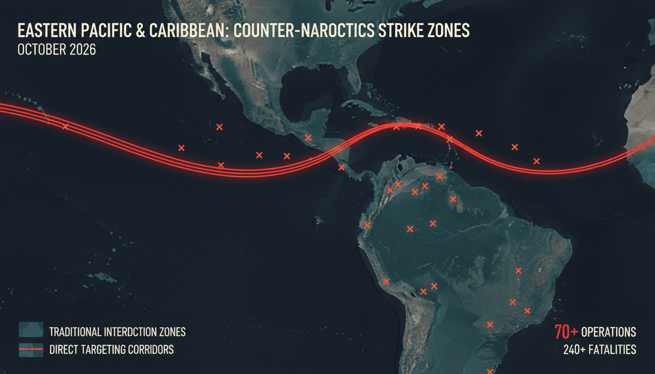 Map illustrating the Eastern Pacific and Caribbean maritime transit corridors marked with kinetic military strike locations.