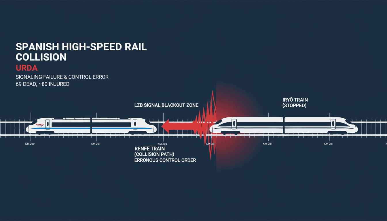 Minimalist technical diagram illustrating the Spain high-speed train collision and rail block failure near Urda