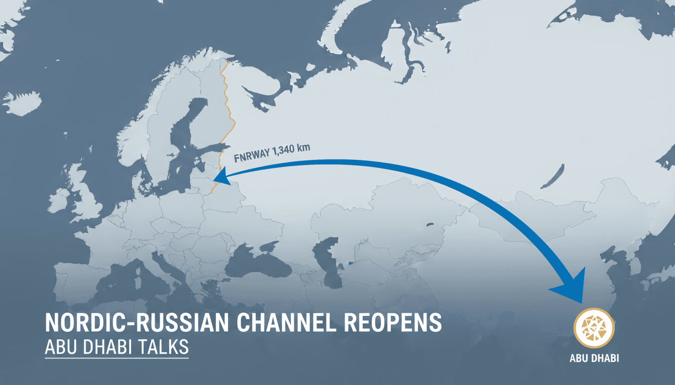 Map graphic showing the 1,340 km Finland-Russia border connected by diplomatic flight paths to Abu Dhabi conference facilities.