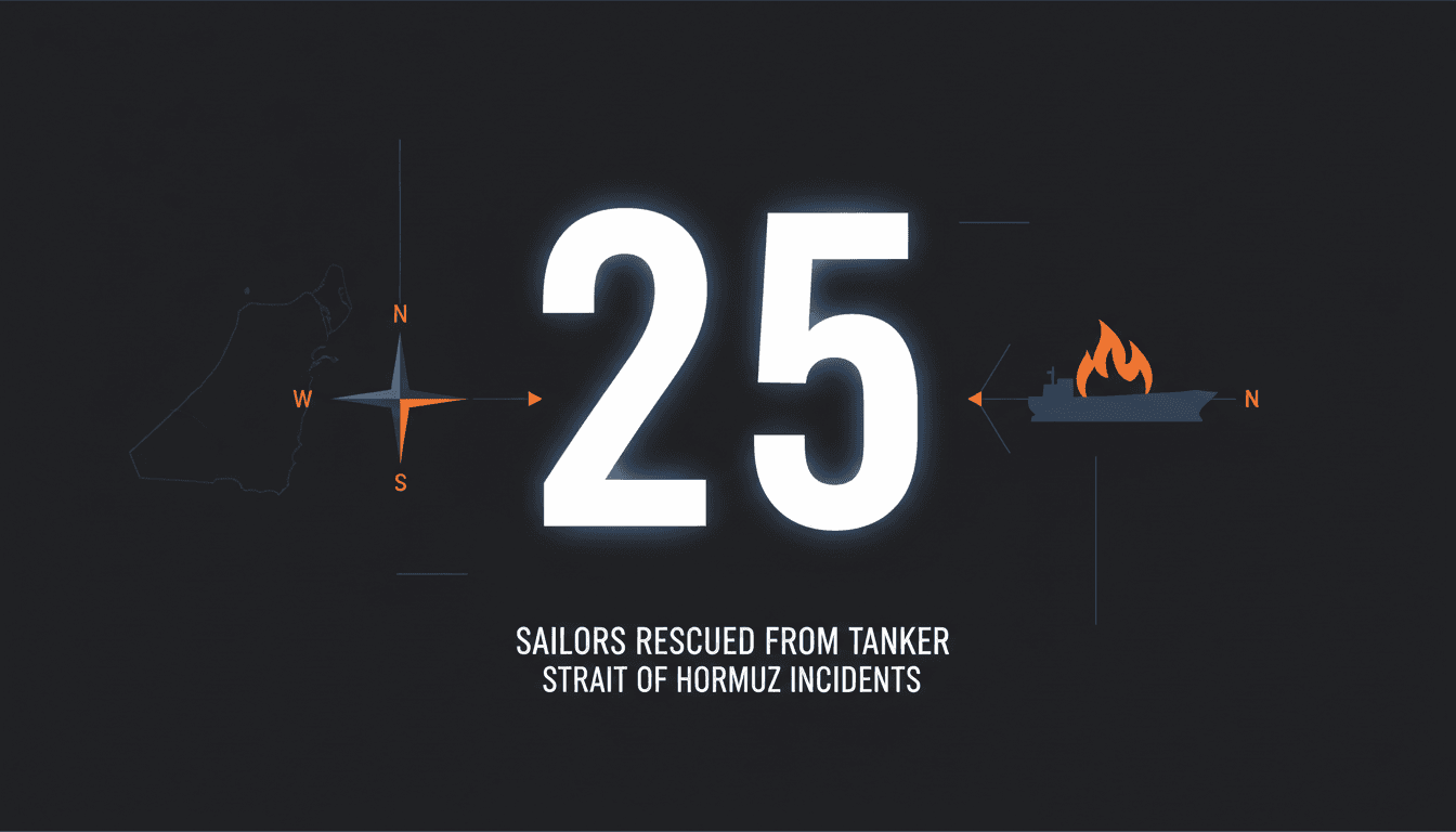 Minimalist graphic card showing the number 25 regarding Strait of Hormuz tanker rescues