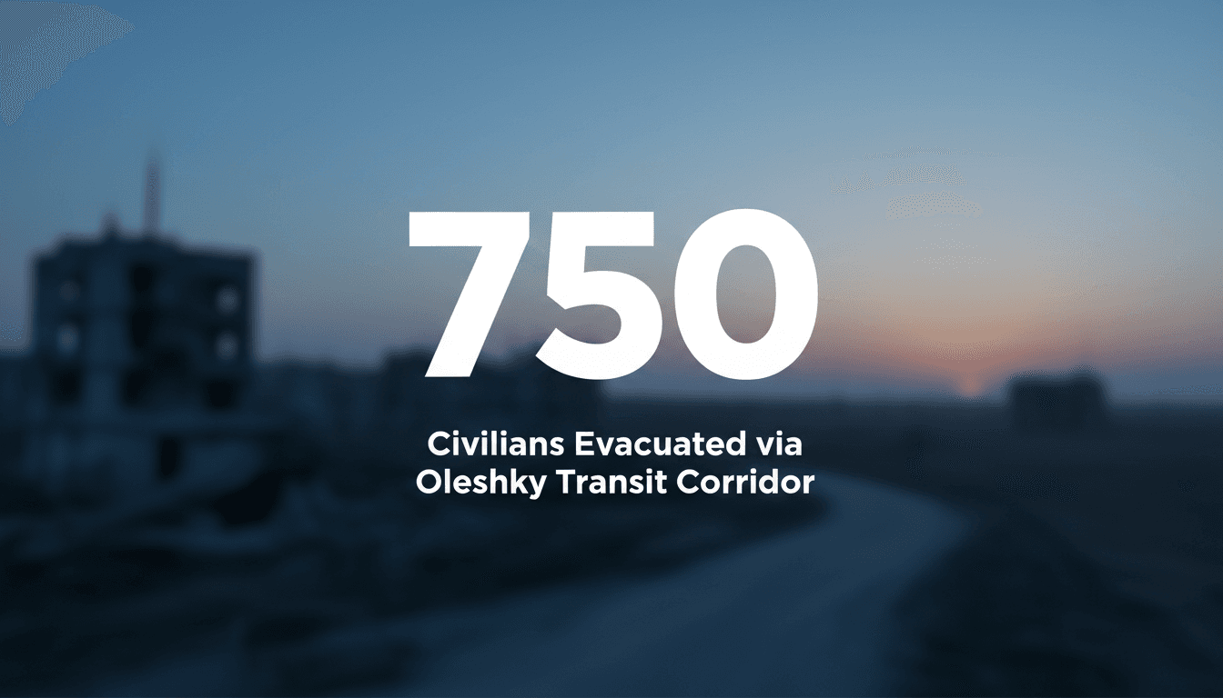 Minimalist graphic highlighting 750 civilians evacuated from Oleshky under a temporary ceasefire window.