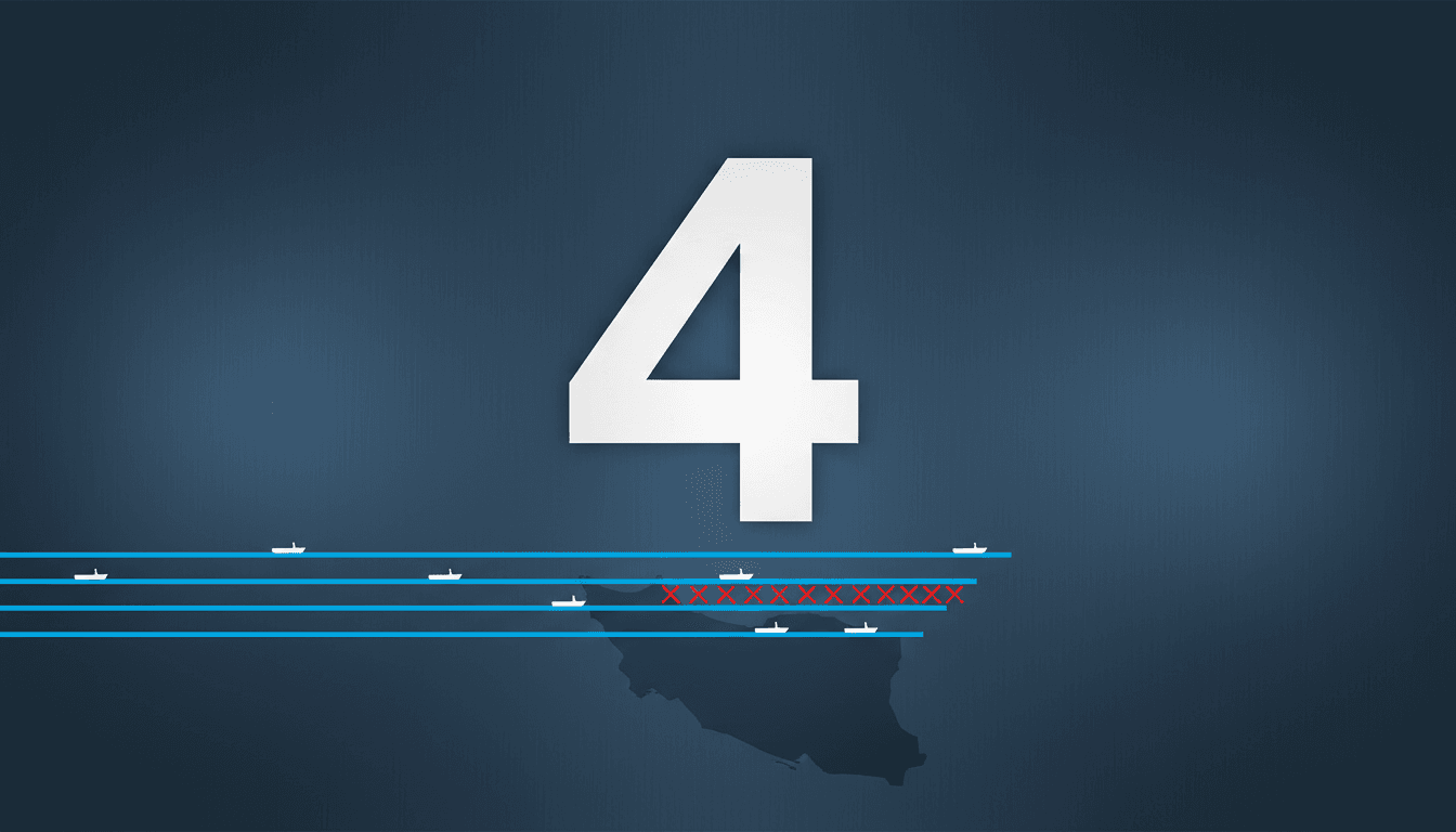 Minimalist infographic displaying the number four over a nautical map of the Strait of Hormuz shipping corridor
