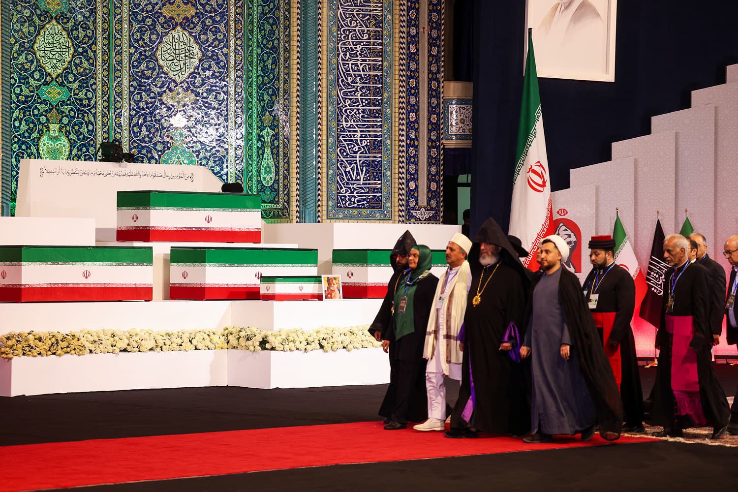 Thousands gather at the funeral of former Iranian Supreme Leader Ali Khamenei in Tehran.