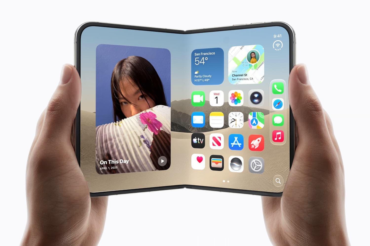 The new iPhone Duo foldable smartphone displayed open and closed, highlighting its innovative design and features.