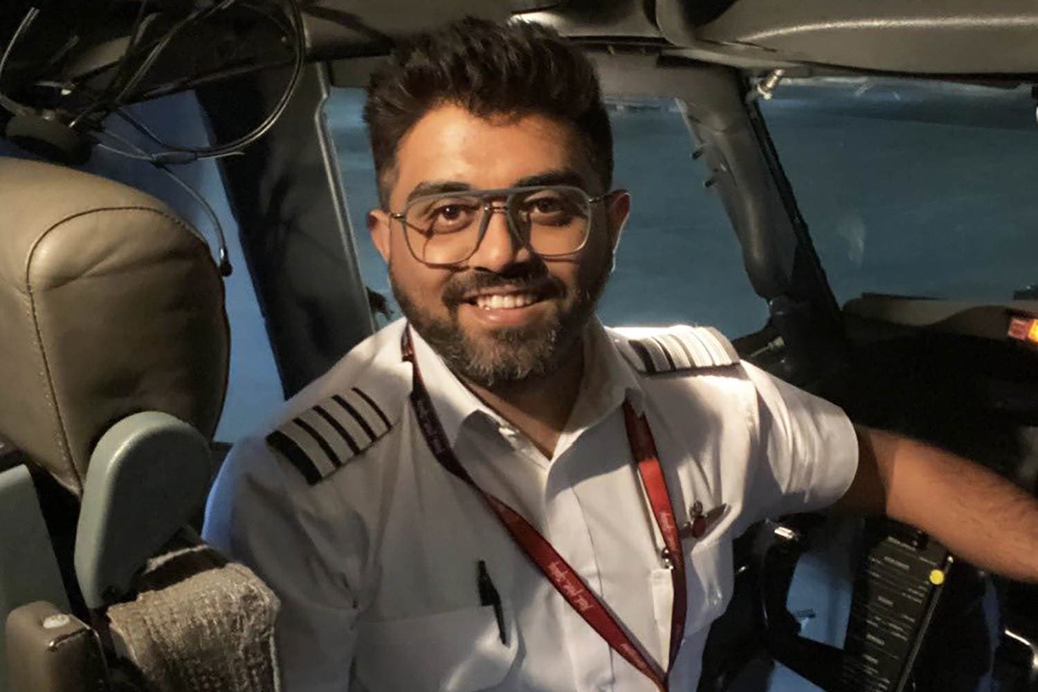 Captain Smit Machchhar in the cockpit of a Boeing 737 MAX 8, showcasing his heroism during the Flydubai flight incident.