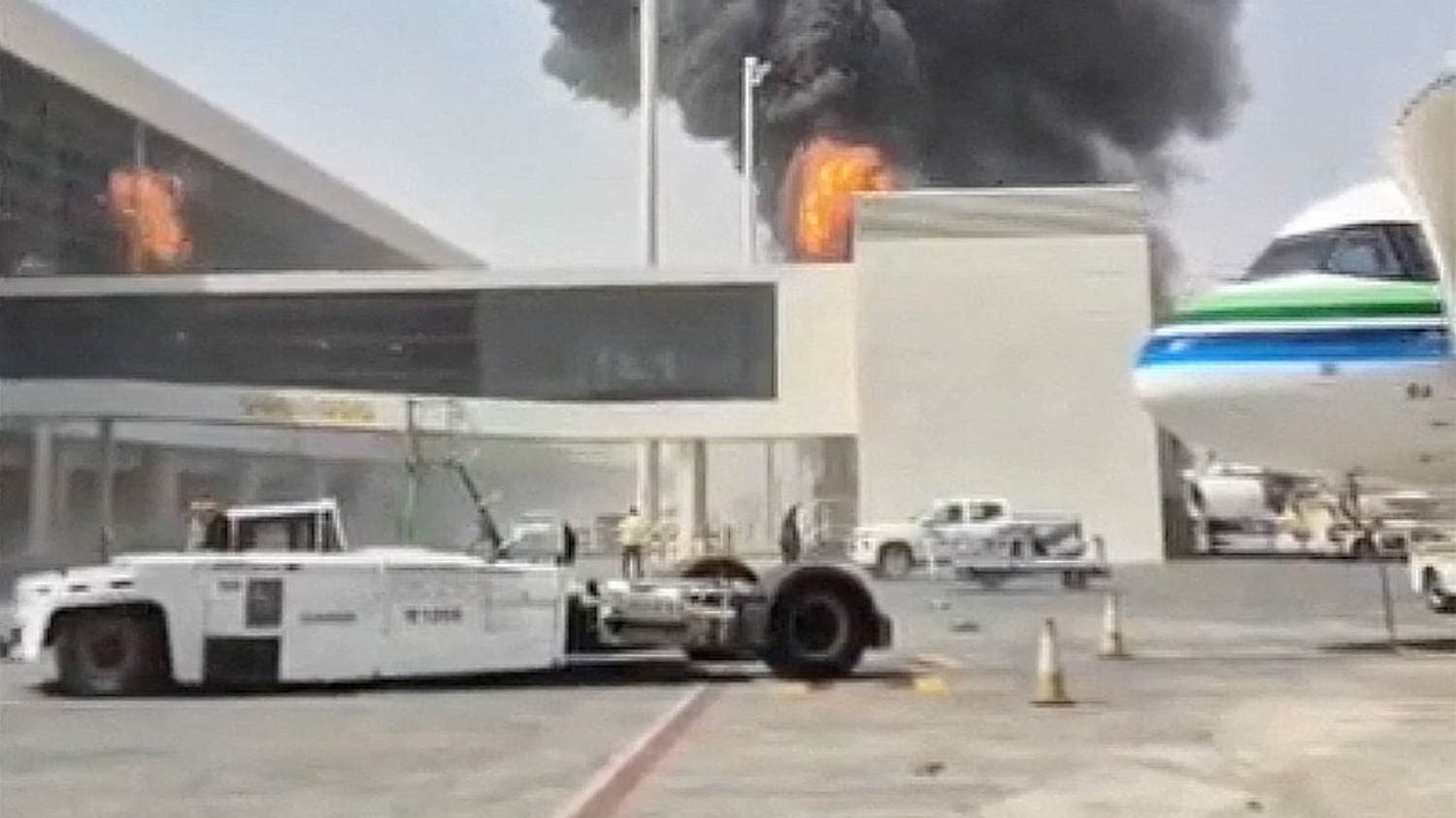 A graphic depicting the aftermath of Houthi missile strikes on Riyadh airport, highlighting casualties and flight disruptions.