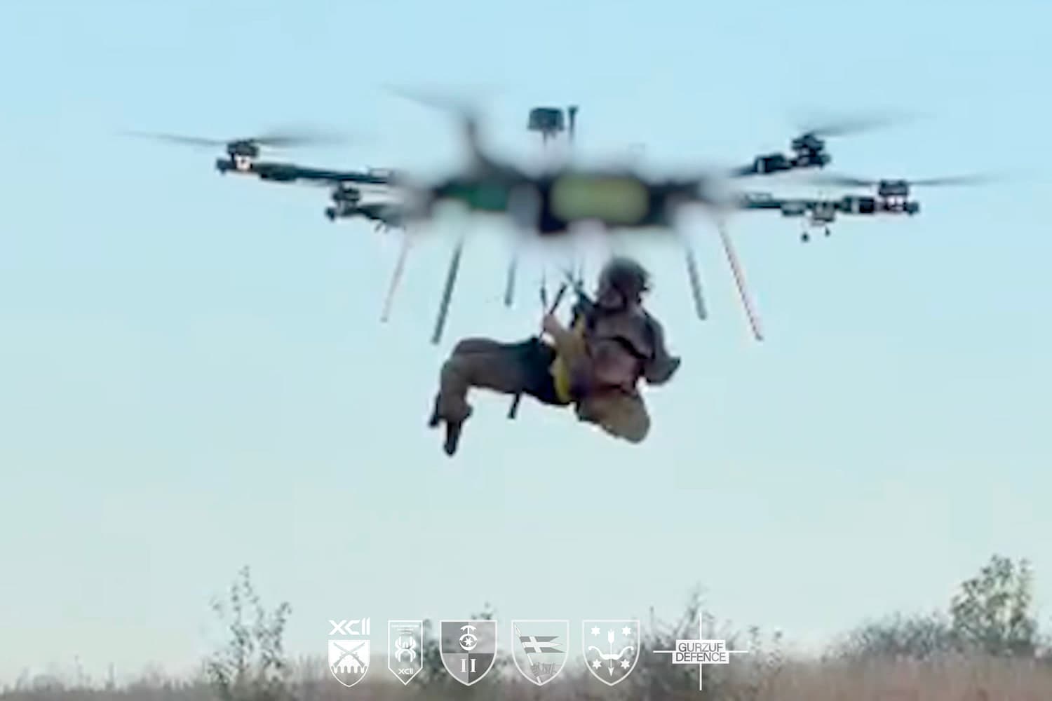 A drone evacuating a wounded soldier, showcasing the innovative use of drone technology in medical logistics.