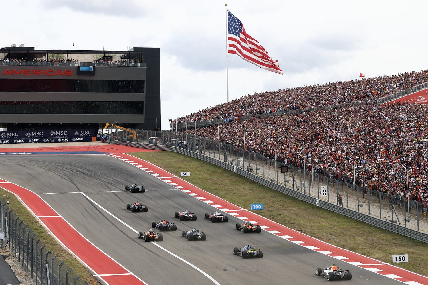 Mercedes Formula 1 car driven by Kimi Antonelli leading the field at the United States Grand Prix in Austin
