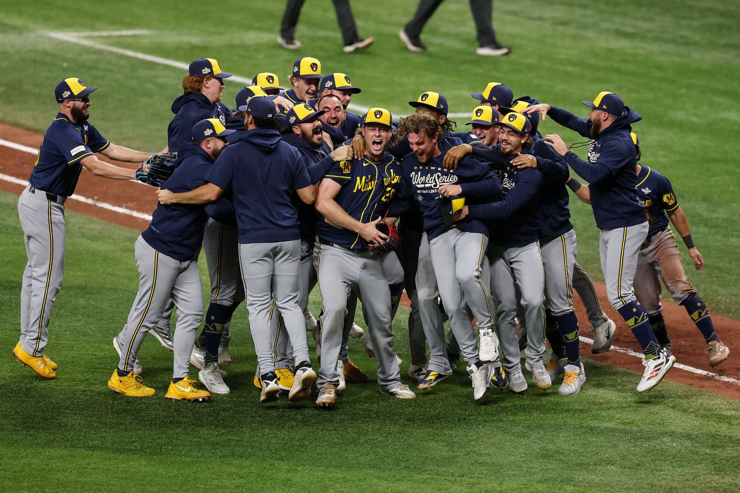 Milwaukee Brewers players celebrate winning the 2026 World Series title after defeating Tampa Bay Rays