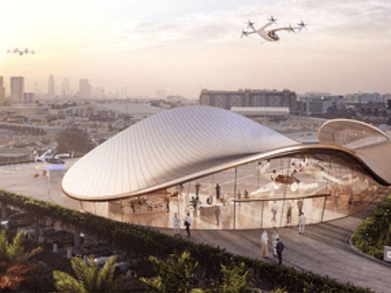 Aerial view of Dubai's VDX vertiport designed for eVTOL aircraft.