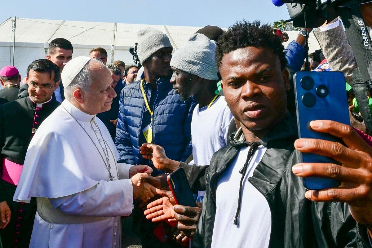 Pope Leo XIV addressing migrants at a reception center in Tenerife.