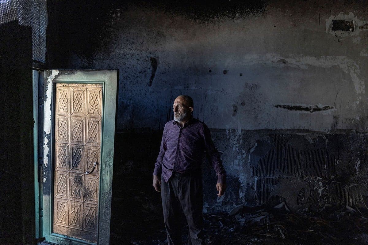 Fire damage to a mosque in the West Bank following vandalism by settlers.