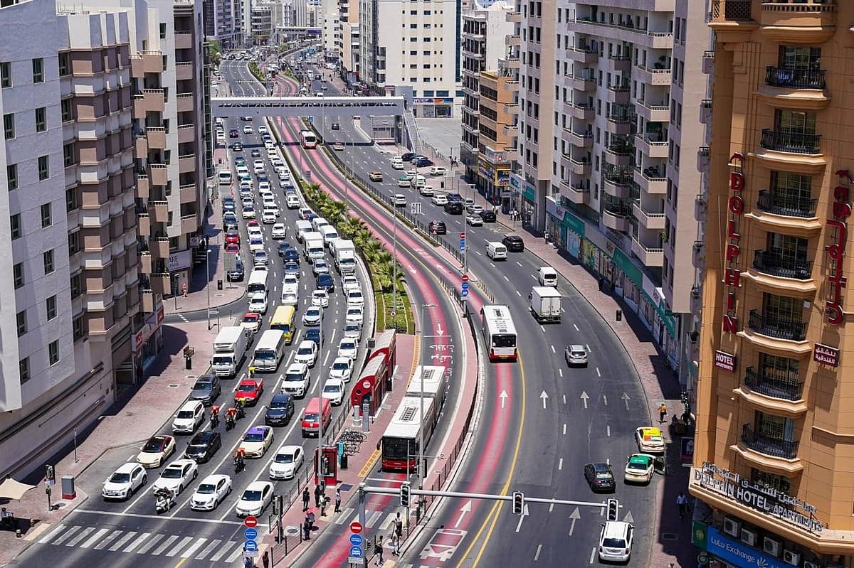 Aerial view of Dubai's streets with dedicated bus and taxi lanes