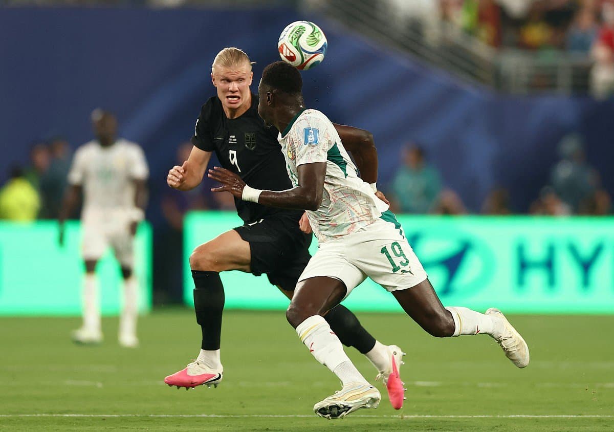 Erling Haaland celebrating a goal during the World Cup match against Senegal.
