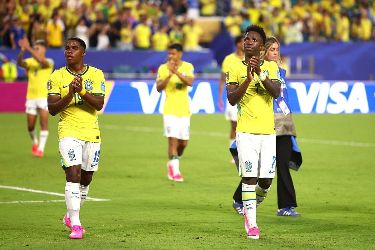 Brazil's football team celebrating their victory over Scotland in the World Cup 2026.