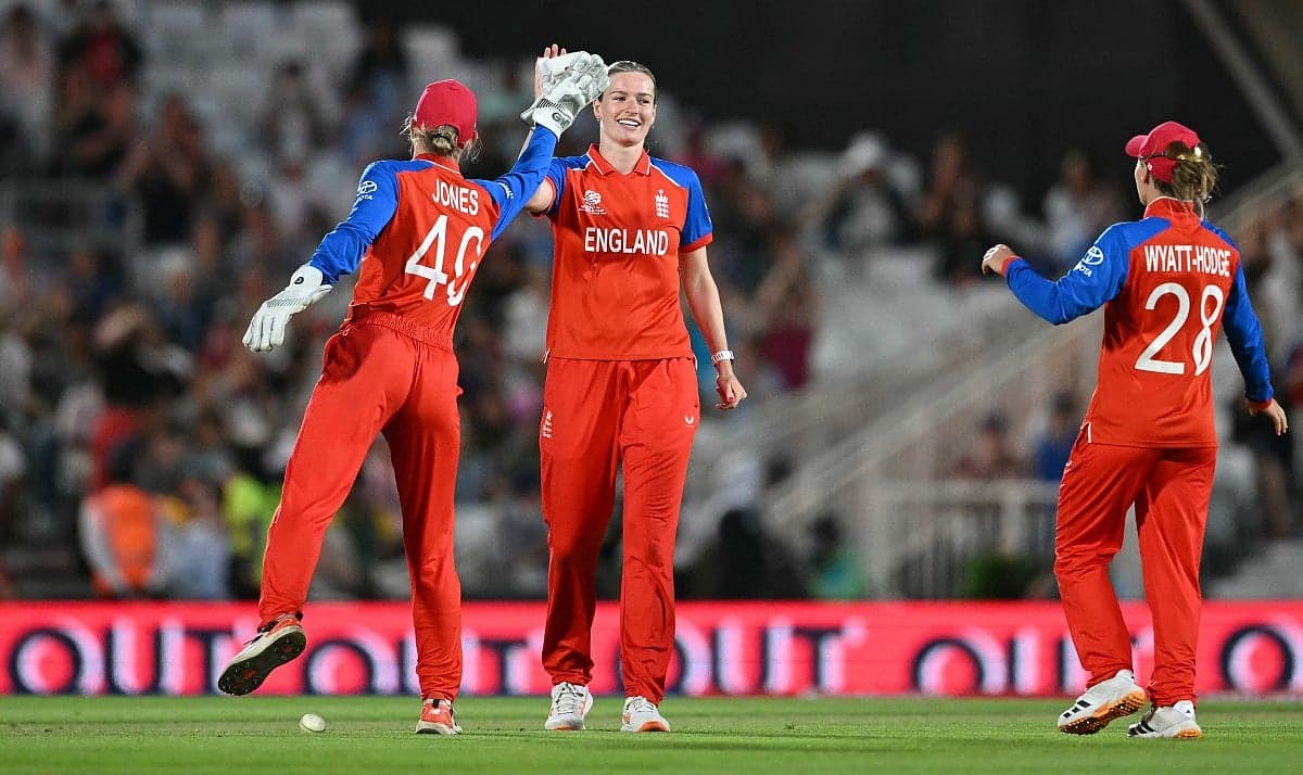 England women's cricket team celebrating their victory over South Africa in the T20 World Cup semi-final.