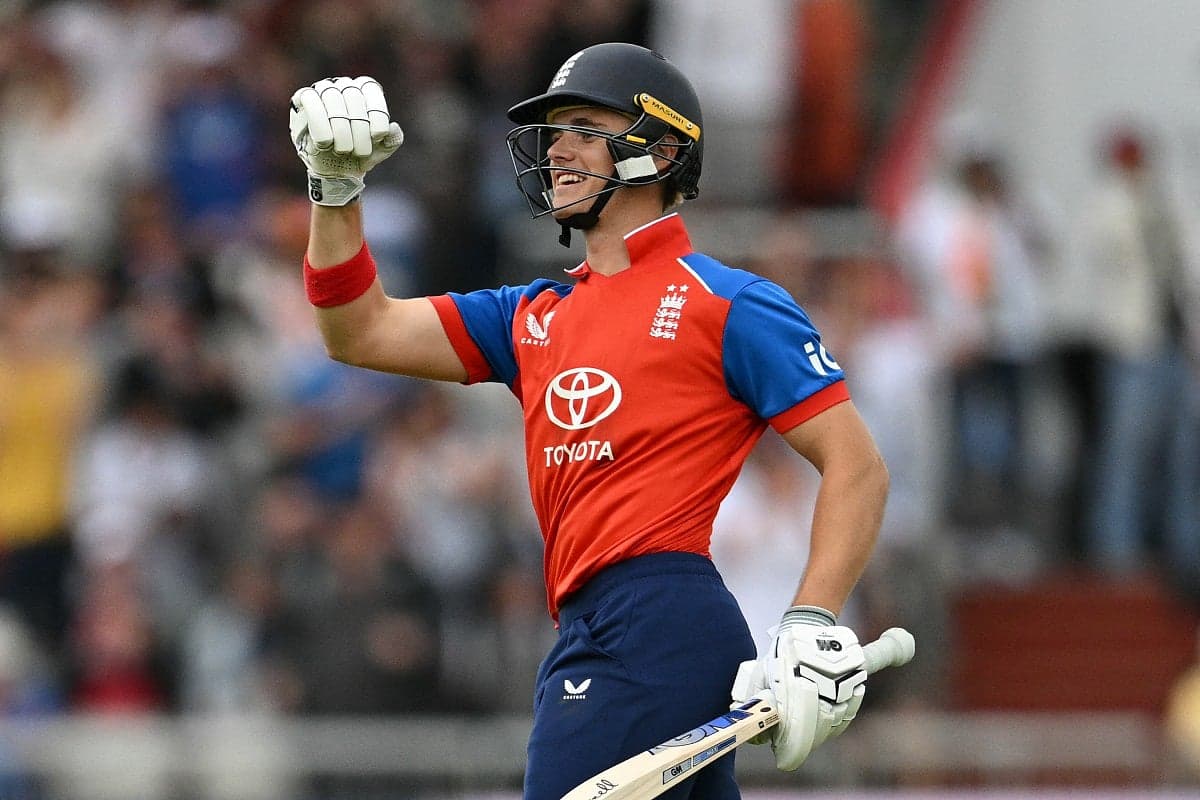 Jacob Bethell celebrating his innings during the T20I match against India.