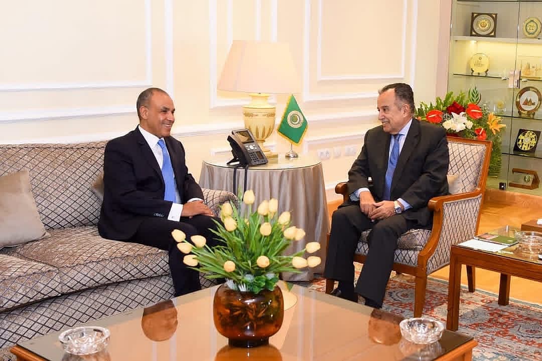 Nabil Fahmy and Badr Abdelatty discussing Arab cooperation in Cairo.