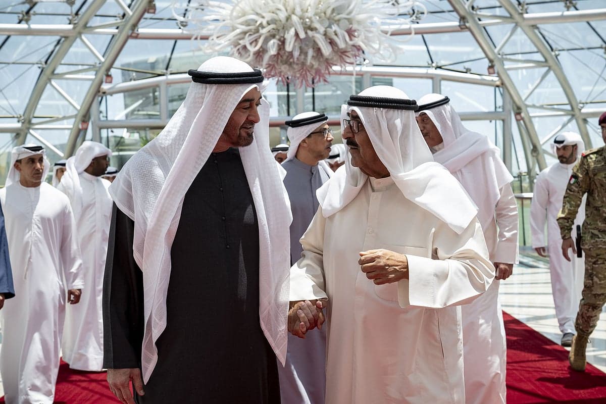 UAE President Sheikh Mohamed bin Zayed Al Nahyan and Kuwaiti Emir Sheikh Mishal Al-Ahmad Al-Jaber Al-Sabah during their meeting.