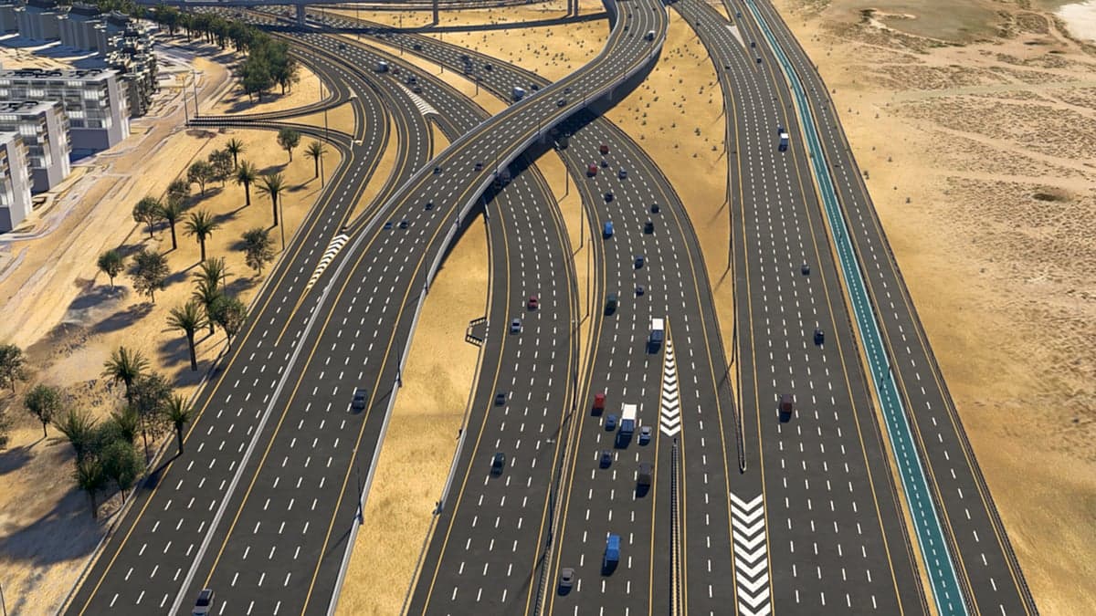 Aerial view of Dubai's urban landscape highlighting road infrastructure.