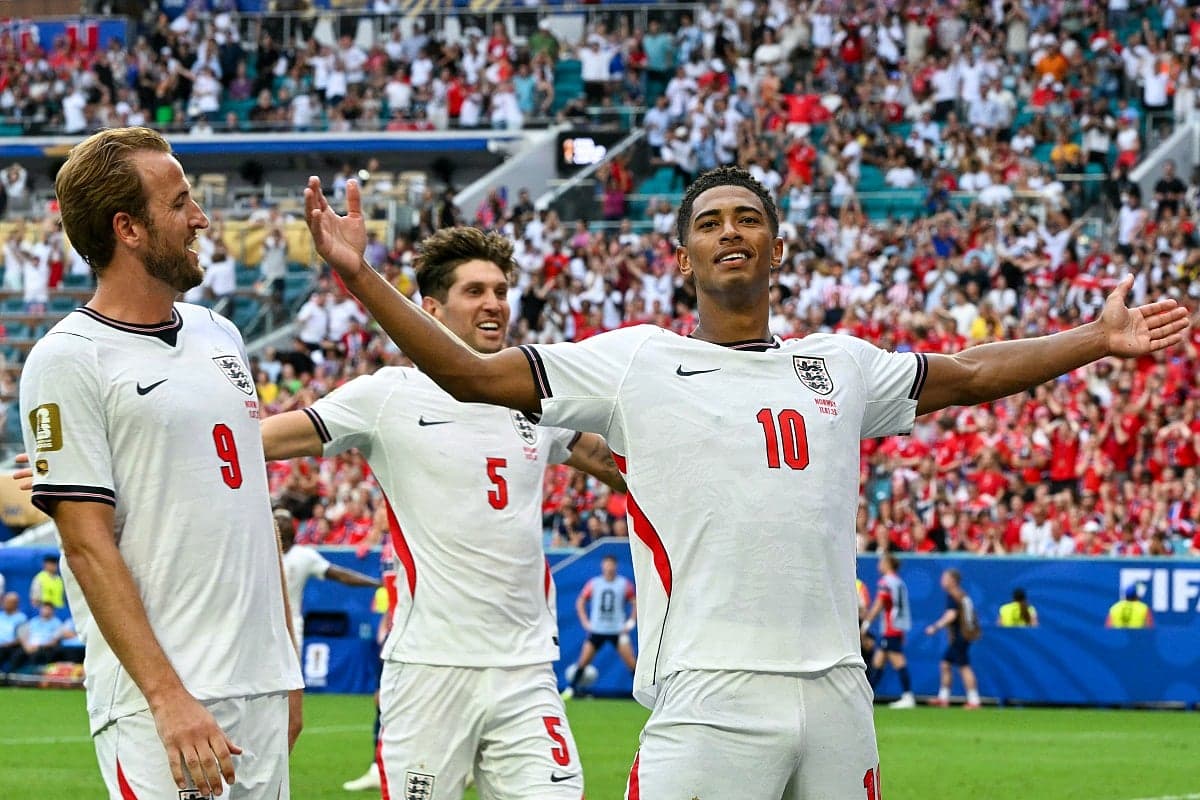 England's football team celebrating their victory over Norway in the World Cup quarter-finals.