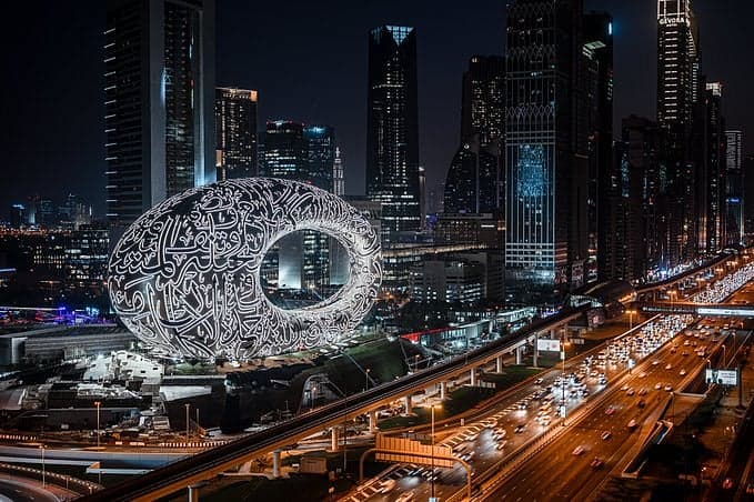 A futuristic view of Dubai's Museum of the Future, highlighting its architectural design.