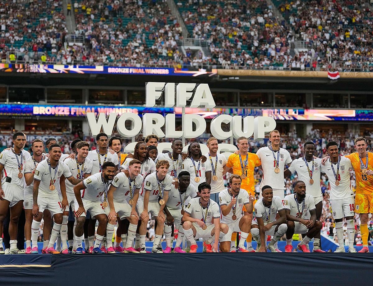 England football team celebrating their victory over France in the 2026 FIFA World Cup.