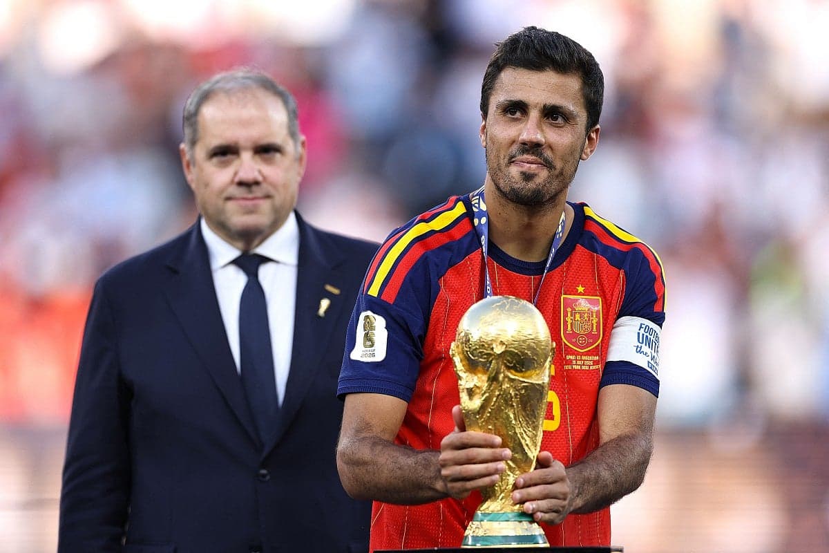 Rodri celebrating with the Golden Ball trophy after the 2026 FIFA World Cup