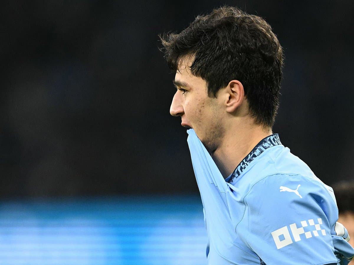 Abdukodir Khusanov celebrating his contract extension with Manchester City.