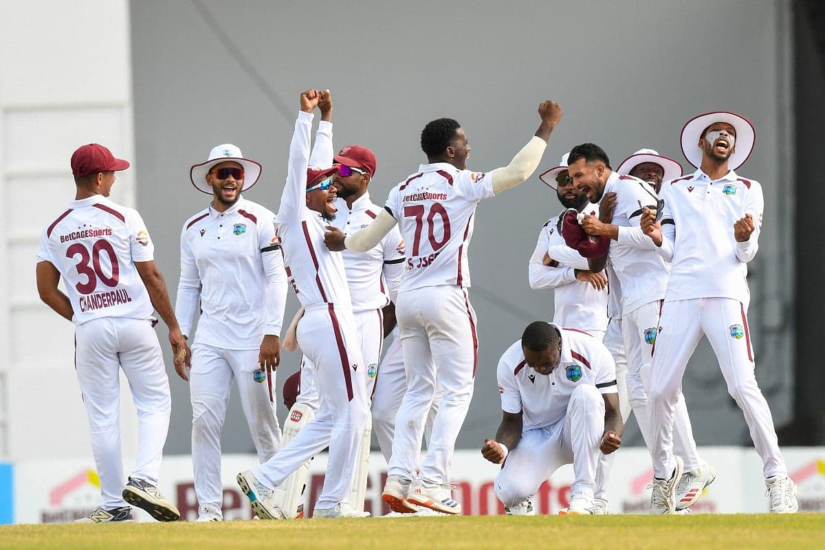 Jayden Seales celebrating after taking a wicket in the Test match against Pakistan.